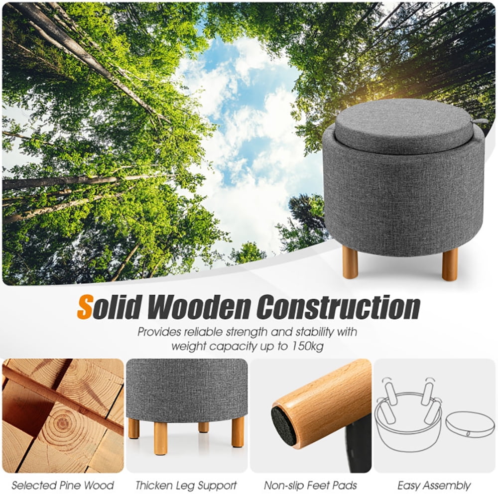 Finihen Round Fabric Storage Ottoman, Footrest Stool, Vanity Chair, Storage Ottoman with Tray and Non-Slip Pads, for Living Room, Bedroom, Gray Finihen Round Fabric Storage Ottoman, Footrest Stool, Vanity Chair, Storage Ottoman with Tray and Non-Slip Pads, for Living Room, Bedroom, Gray