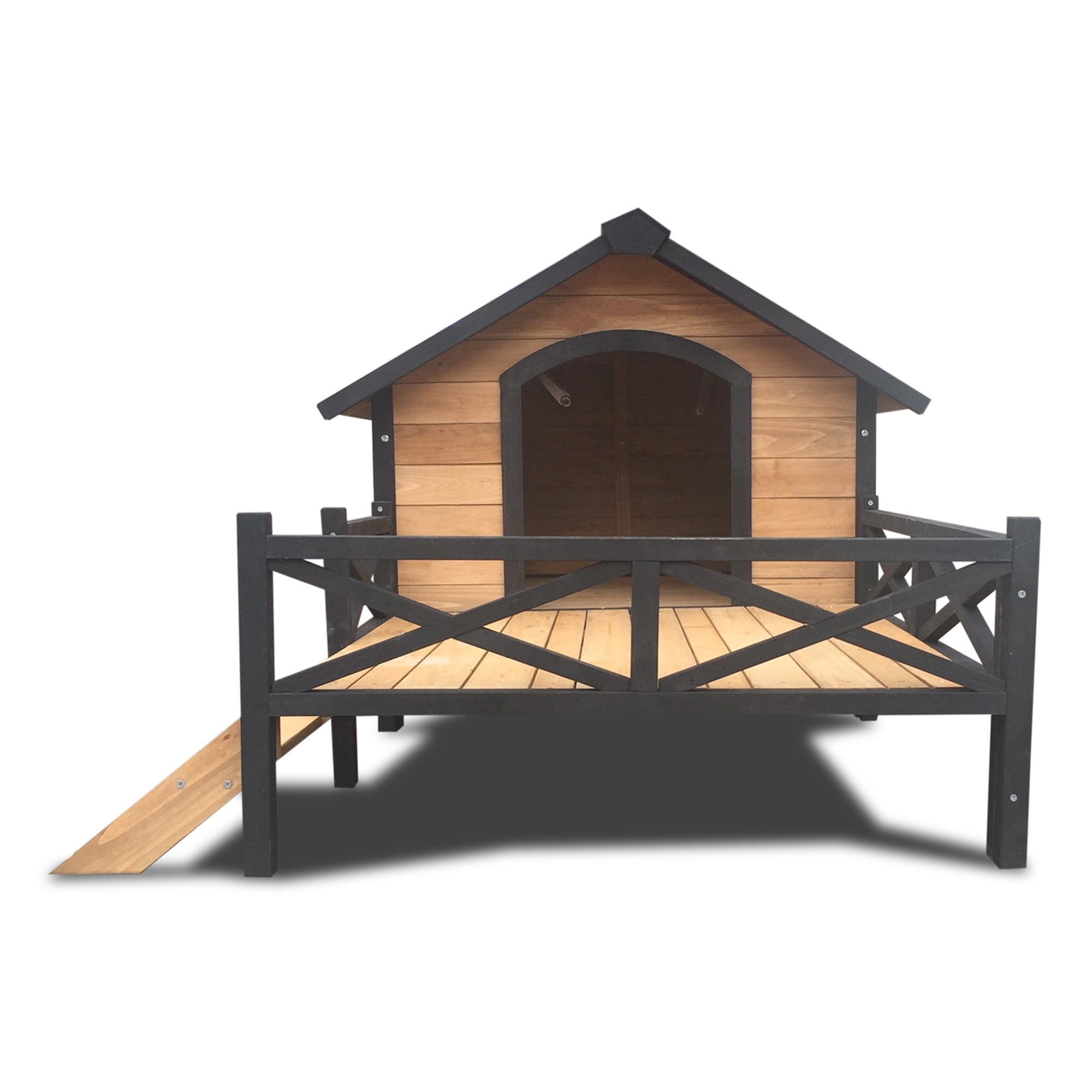 Pefilos 66" Outdoor Dog House, Large Wooden Dog Kennel with Porch, Cabin House Style Pet Houses for Cats, Brown Pefilos 66" Outdoor Dog House, Large Wooden Dog Kennel with Porch, Cabin House Style Pet Houses for Cats, Brown