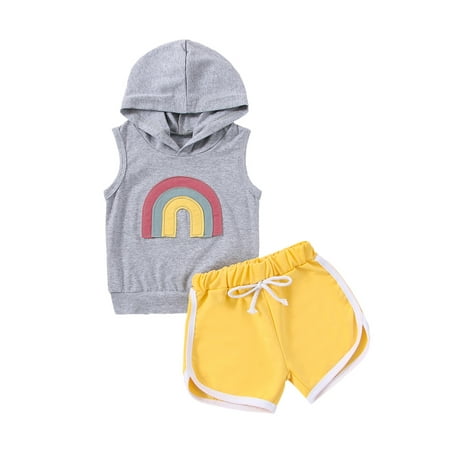 

QILINXUAN Baby Boys Shorts Set 2 Piece Summer Outfits Rainbow Hooded Sleeveless Tank Tops and High Waist Shorts Set