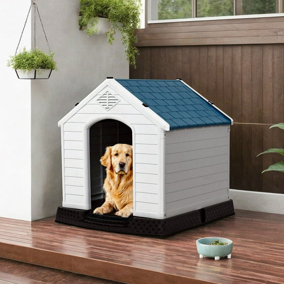 Pefilos 33" Outdoor Waterproof Dog House, Pet Houses for Medium Dogs, Plastic Cat House with Ventilate, Indoor Puppy House, White