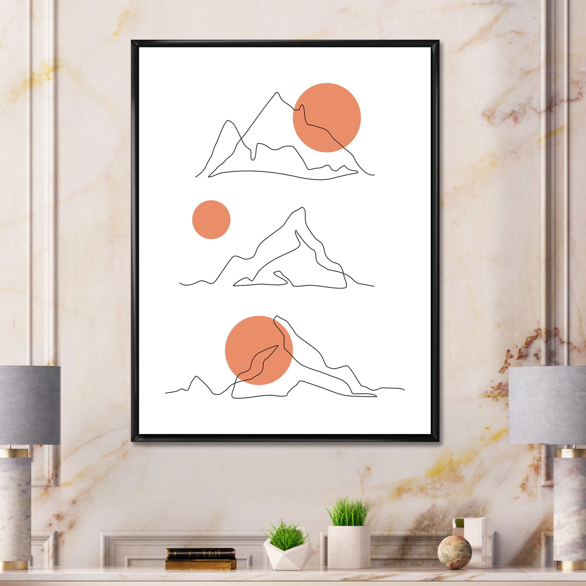 Designart 'Abstract Red Moons With Mountain Range' Modern Framed Canvas Wall Art Print