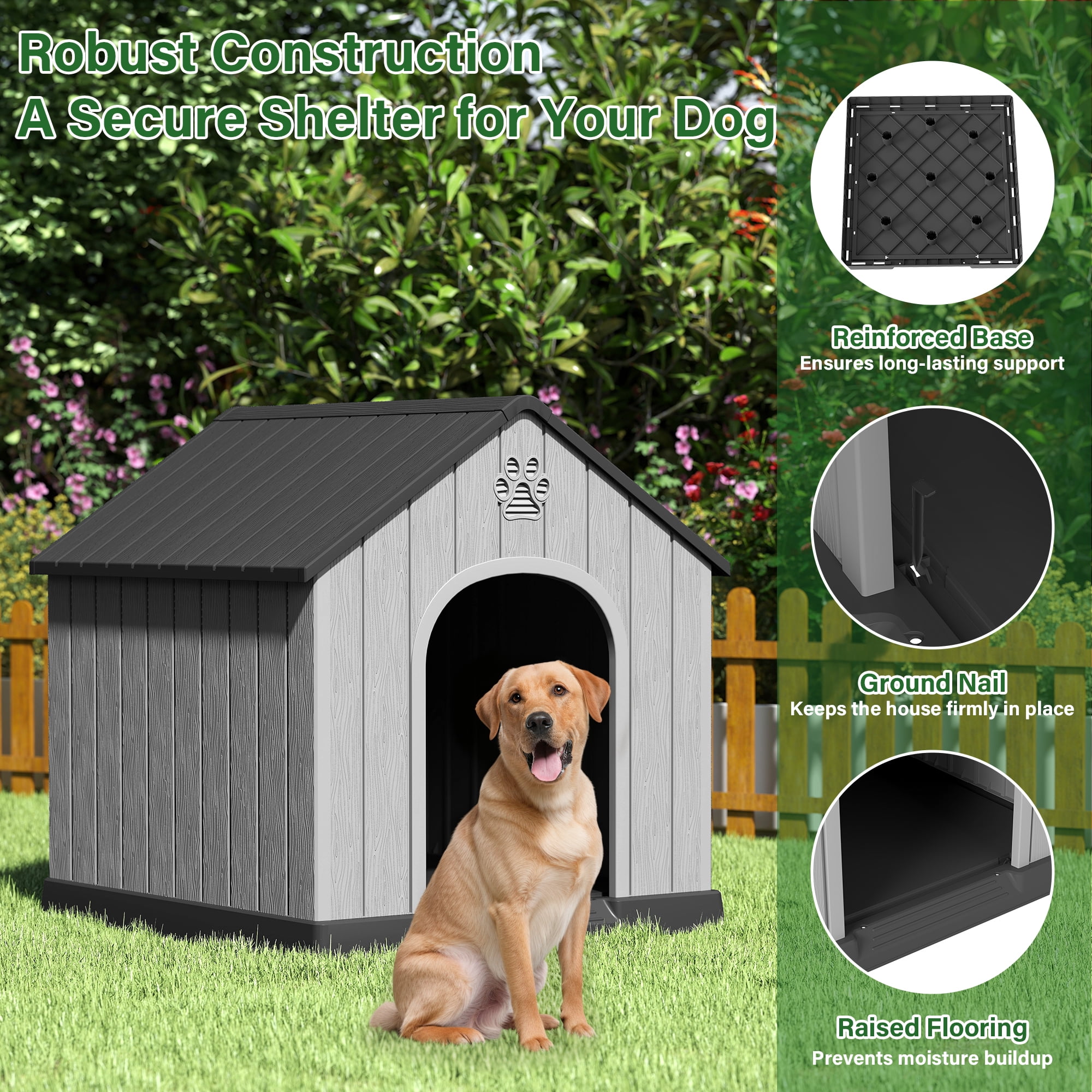 LHBcraft Large Dog House for Medium Large Dogs,Durable PP Waterproof Dog Shelter with Air Vents & Elevated Floor,Easy Clean and Assemble for Outdoor & Indoor,Black