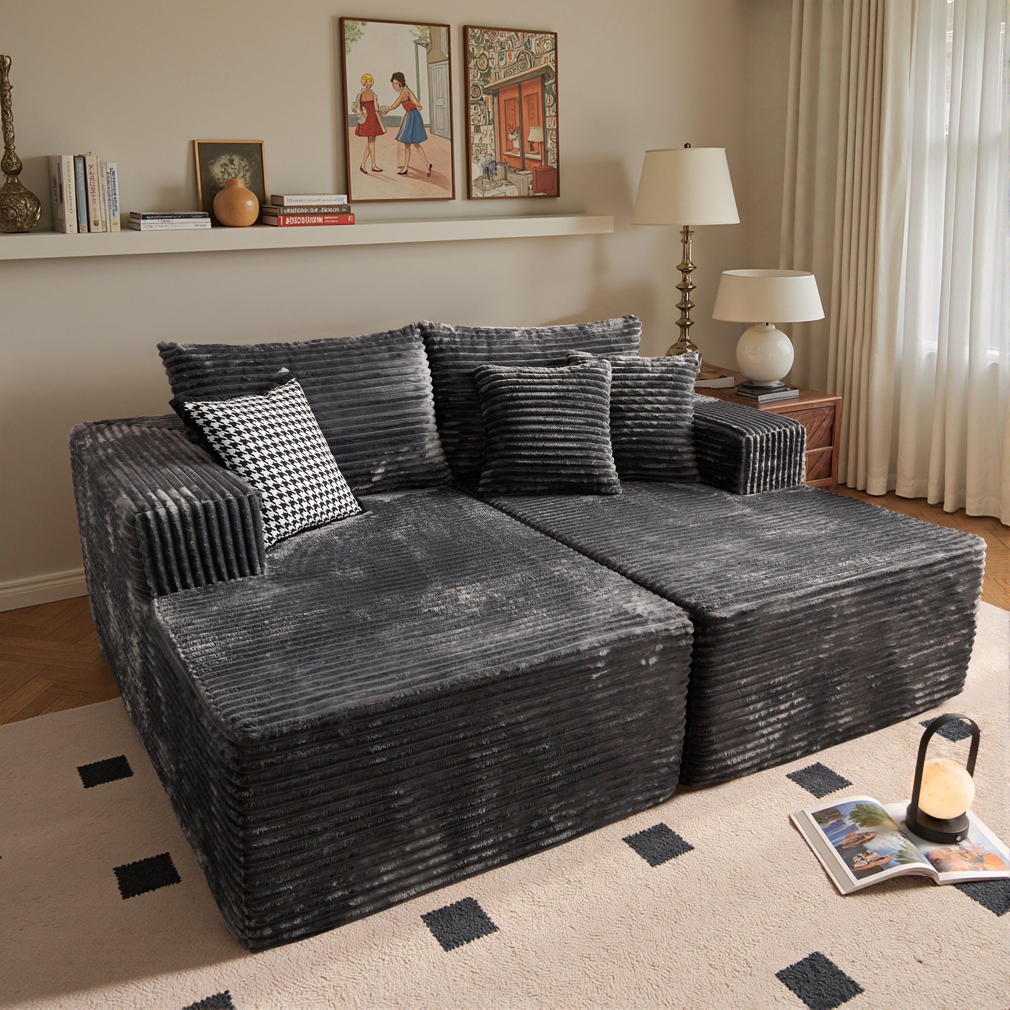 Vcatnet 75" Oversized Modular Sectional Sofa Cloud Couch Plush Corduroy Chaise Lounge Loveseat Sofa Bed Upholstered Sleeper Sofa for Living Room and Bedroom, Gray