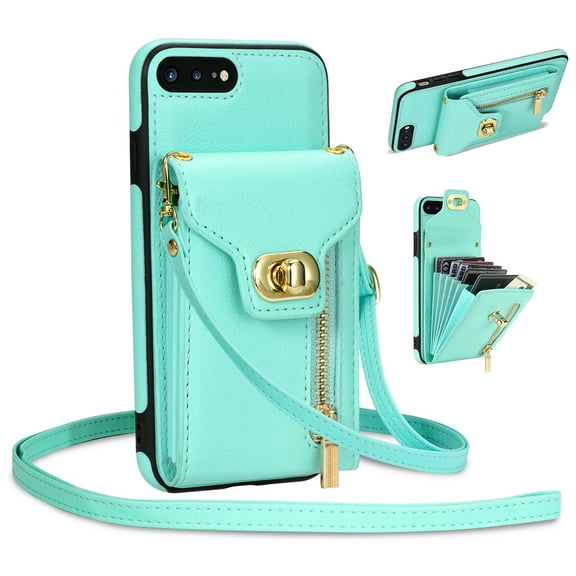 Mantto for iPhone 8 Plus/7 Plus Back Zipper Wallet Case with Detachable Shoulder Strap,Luxury Metal Buckle Card Slots Shockproof Premium PU Leather Stand Crossbody Phone Case for Women Men,Mint