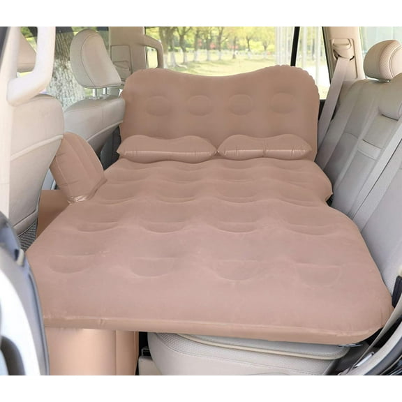 S Inflatable Car Air Mattress Travel Bed - Thickened Car Camping Bed Sleeping Pad with Car Air Pump 2 Pillows for Car Tent SUV Sedan Pickup Back Seat - Beige