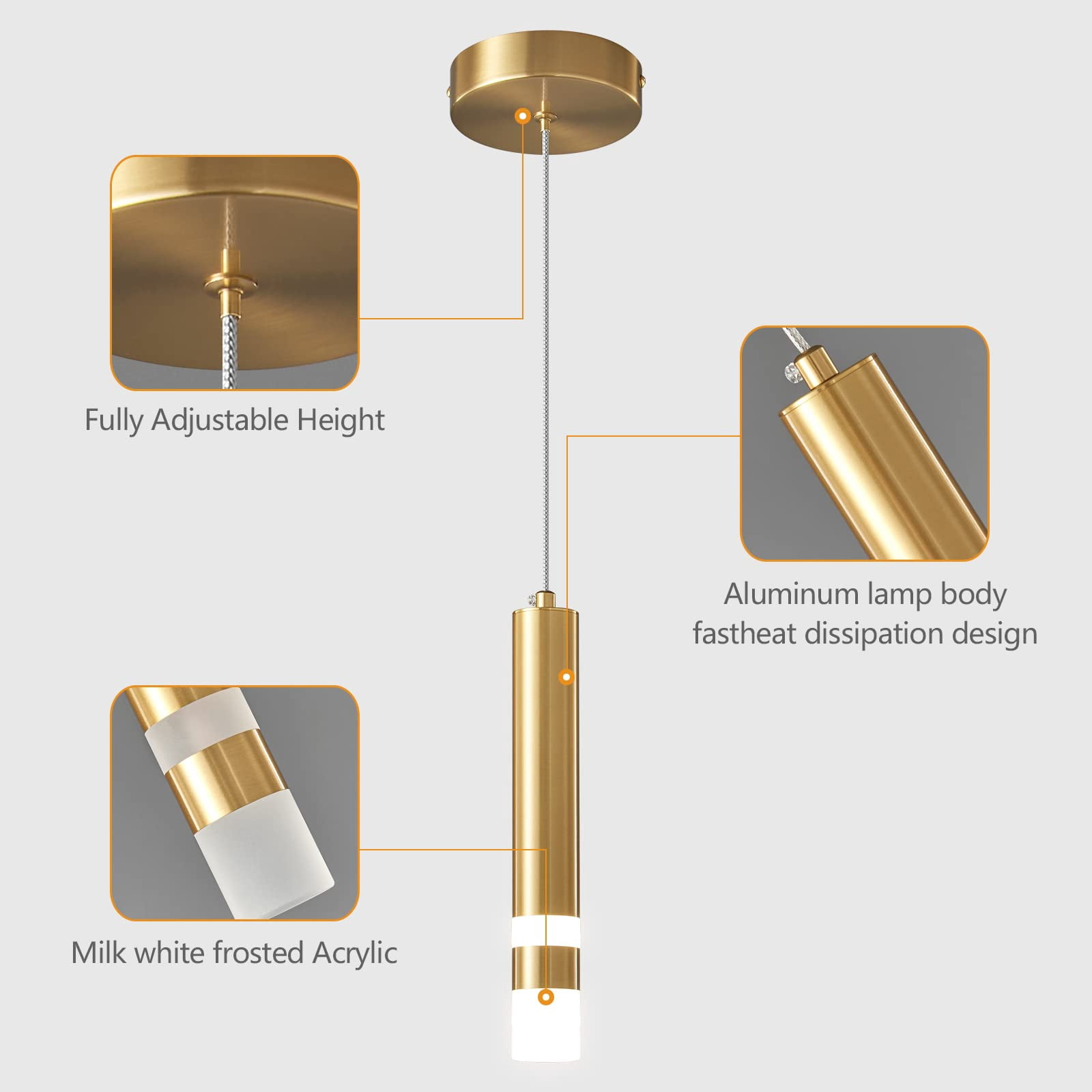 ZHLWIN Gold Mini Pendant Light, Modern Kitchen Island Light Fixture Dimmable LED Gold Small Pendant Lighting for Bedroom Bedside Table, 2-Pack