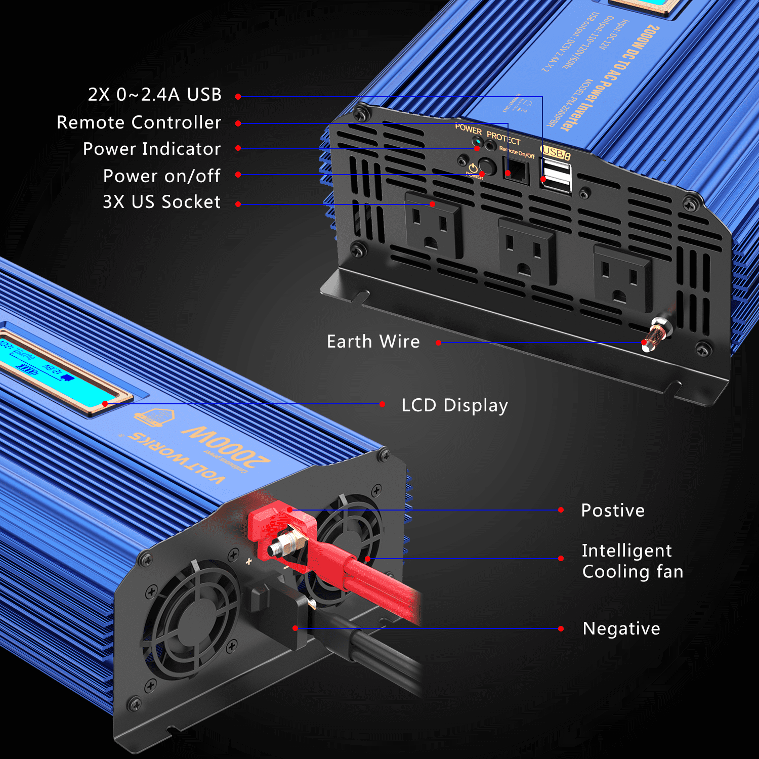 VOLTWORKS Power Inverter 2000Watts DC 12V to AC 110V 120V Modified Sine Wave Inverter with LCD Display Remote Control 2.4A USB for Car RV Truck Boat
