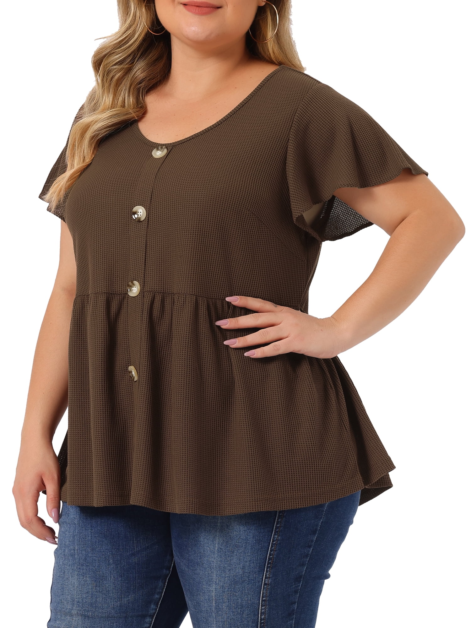 Unique Bargains Women's Plus Tops Button Front Shirts Peplum Blouse 3X Coffee