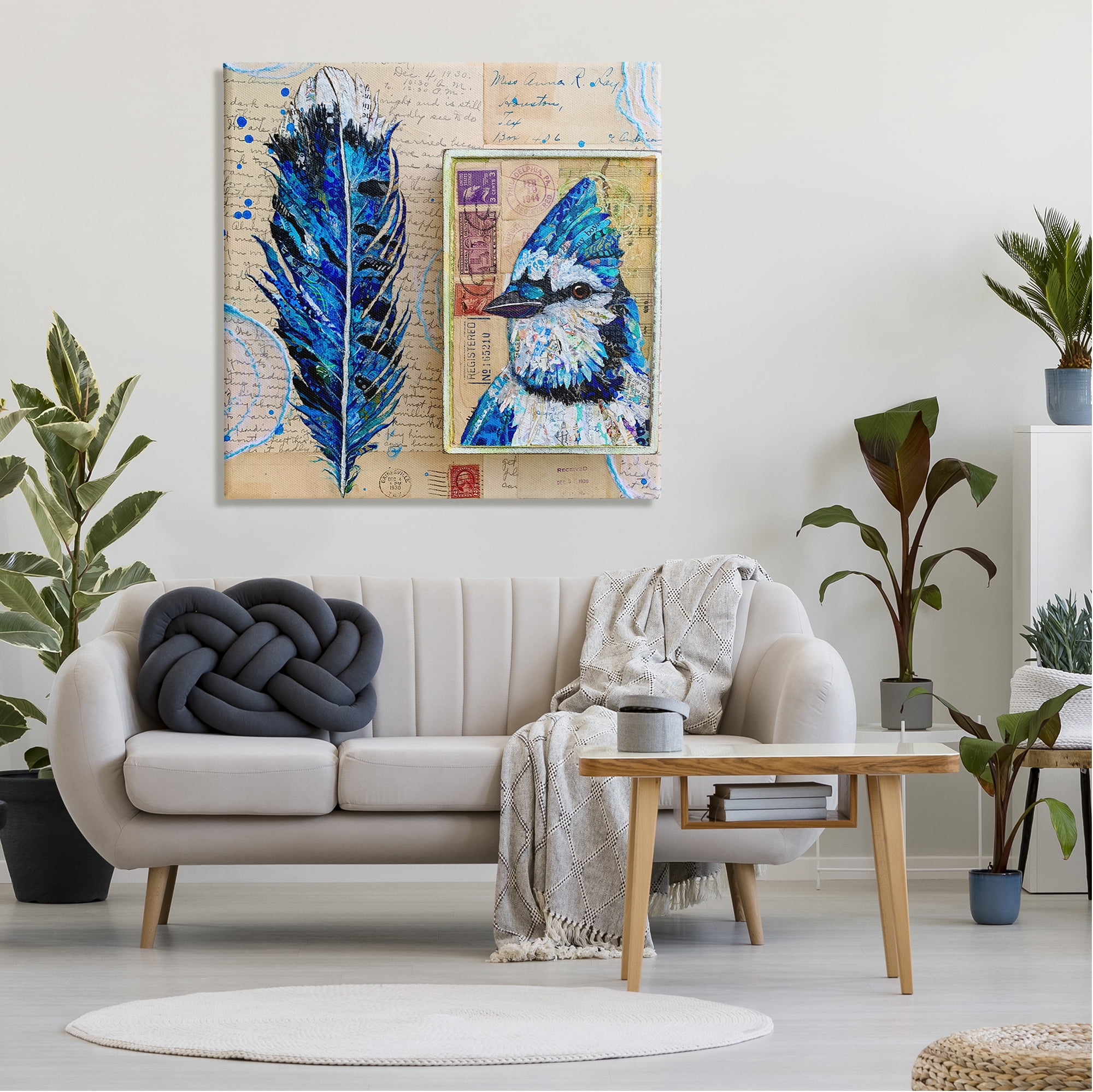 Stupell Industries Blue Jay Collaged Ephemera Feather Bird Painting Painting Gallery Wrapped Canvas Print Wall Art, Design by Lisa Morales