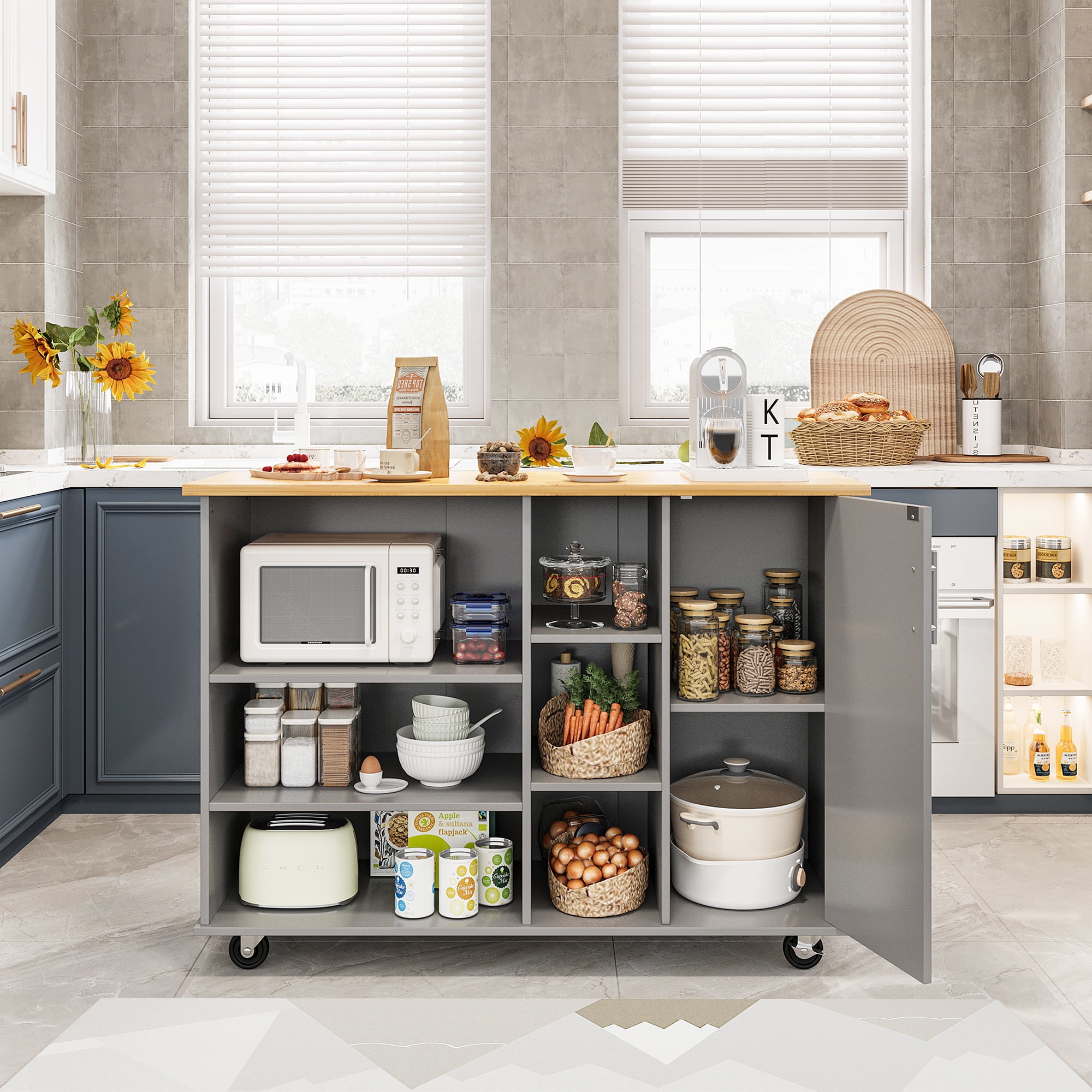 Walsunny Kitchen Island on Wheels with Storage Cabinet & Drawer, 47.4" Large Kitchen Cabinet with Open Shelves Grey
