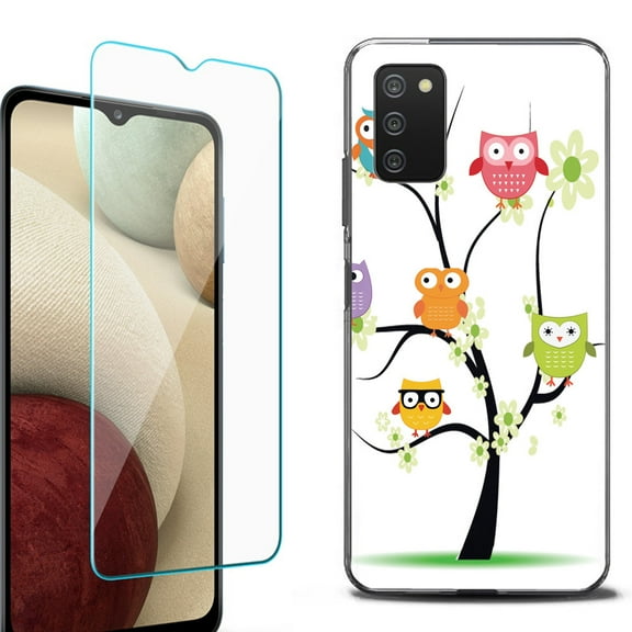 Slim-Fit Protective Fashion Phone Case (Black) for Samsung Galaxy A03s, with Tempered Glass Screen Protector, by OneToughShield ® - Tree Owl