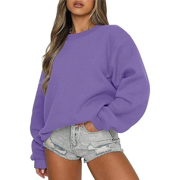 Mefallenssiah Fashion Women's Casual Long Sleeve Round Neck Ladies Loose Sweatshirt Tops Blouse Purple S