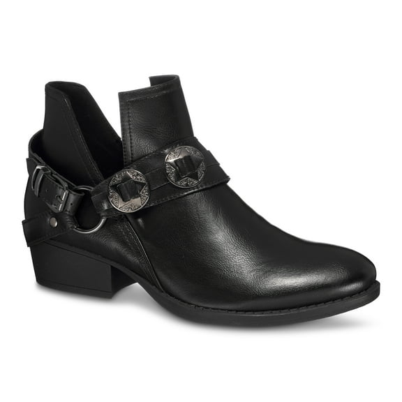 GC Shoes Womens Buckle Wrap V Cut Booties, Low Heel PU Leather Ankle Boots for Women, Slip On Bootie Heels, Black/Size 10