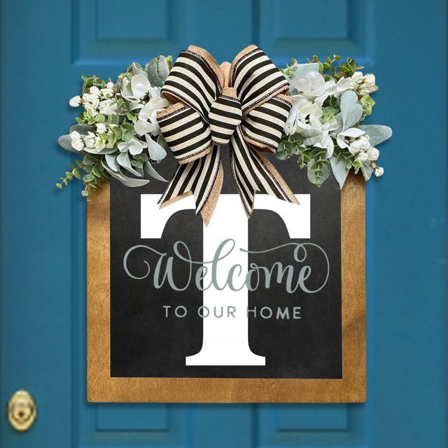 Señal De Bienvenida De Guirnalda Placa decorativa para puerta con 26 letras, adornos de madera para jardín, señal de bienvenida para puerta (T)