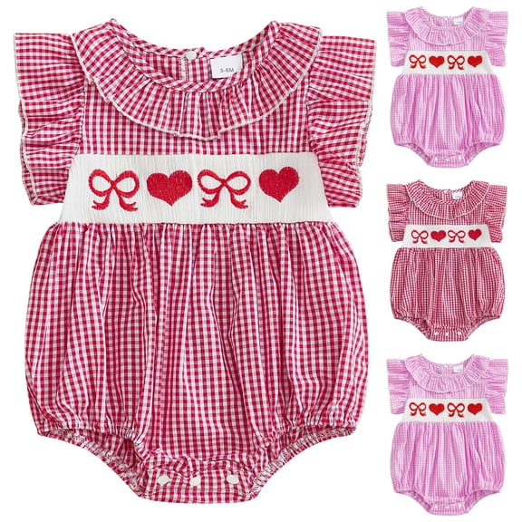 Pandaie 3-18M Newborn Baby Girls Smocked Bubble Romper Cute Embroidery Bowknot Ruffle Bodysuit Sleeveless Summer Outfit Infant Toddler Summer Clothes Pink