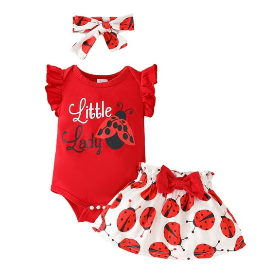 MEZZALL Baby Girls Summer Outfits 3-Piece Sets Casual Lace Sleeve Print Romper Bow Headband Skirt Sets Toddler Dailywear Breathable / 0-3 Months
