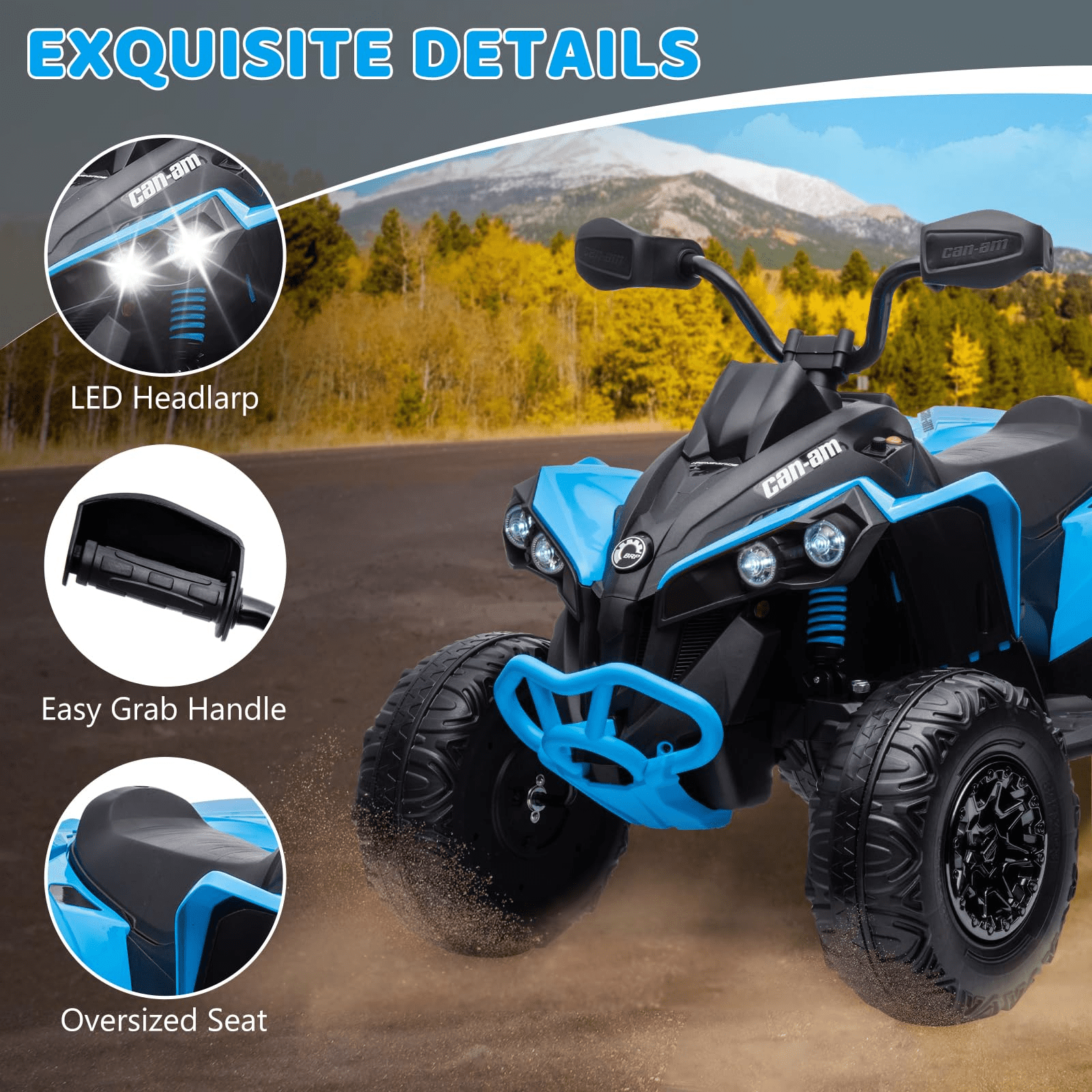 Towallmark Kids Atv Quad 4 Wheeler, 12V Ride on Toy Car Bombardier Licensed BRP Can-am Electric Vehicle, w/LED Lights, Bluetooth, Music,for 3-8 Year Old, Blue