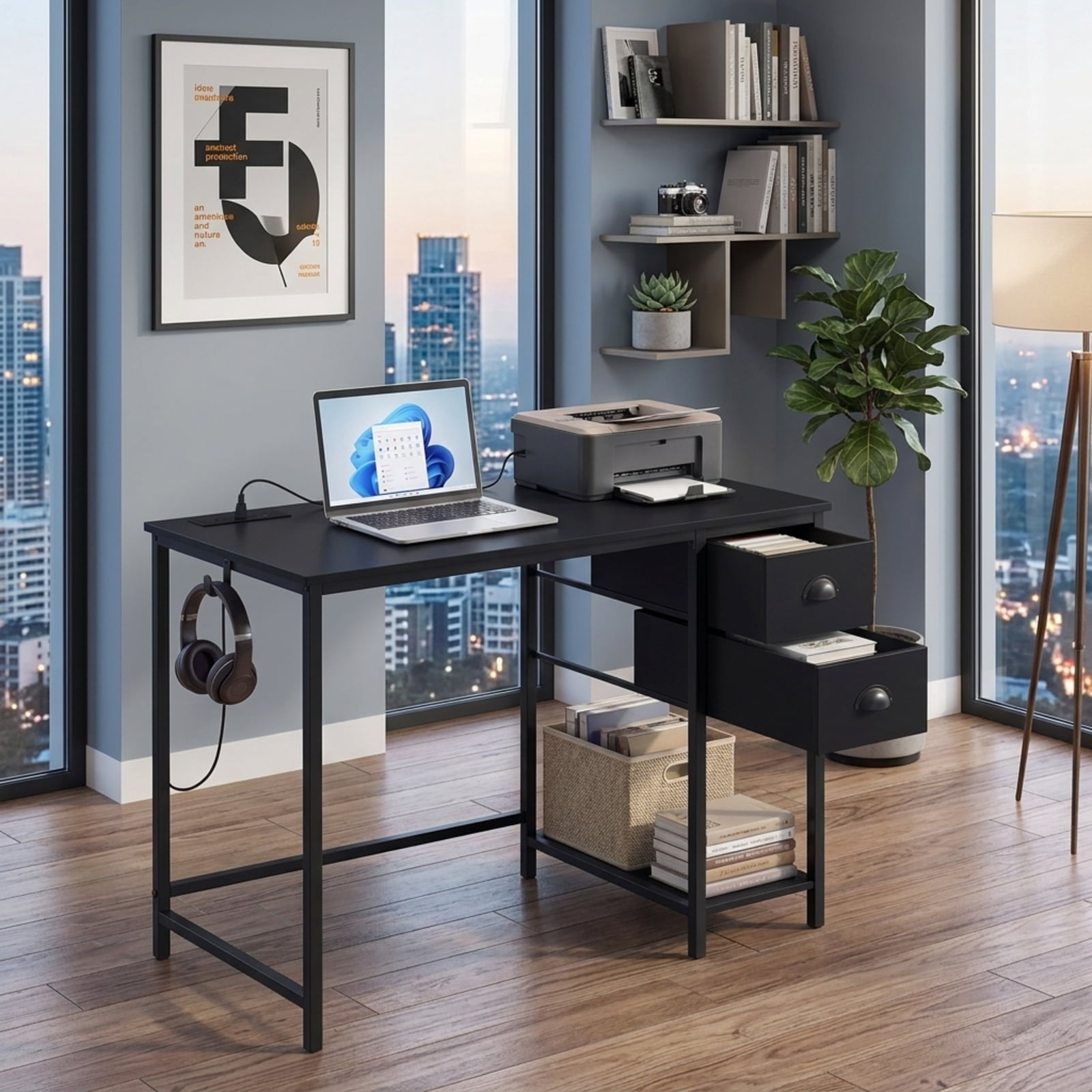 Furnibear Computer Desk with Charging Station and 2 Fabric Drawers, 38 Inch Small Home Office Desk with Headphone Hook and Metal Frame, Black