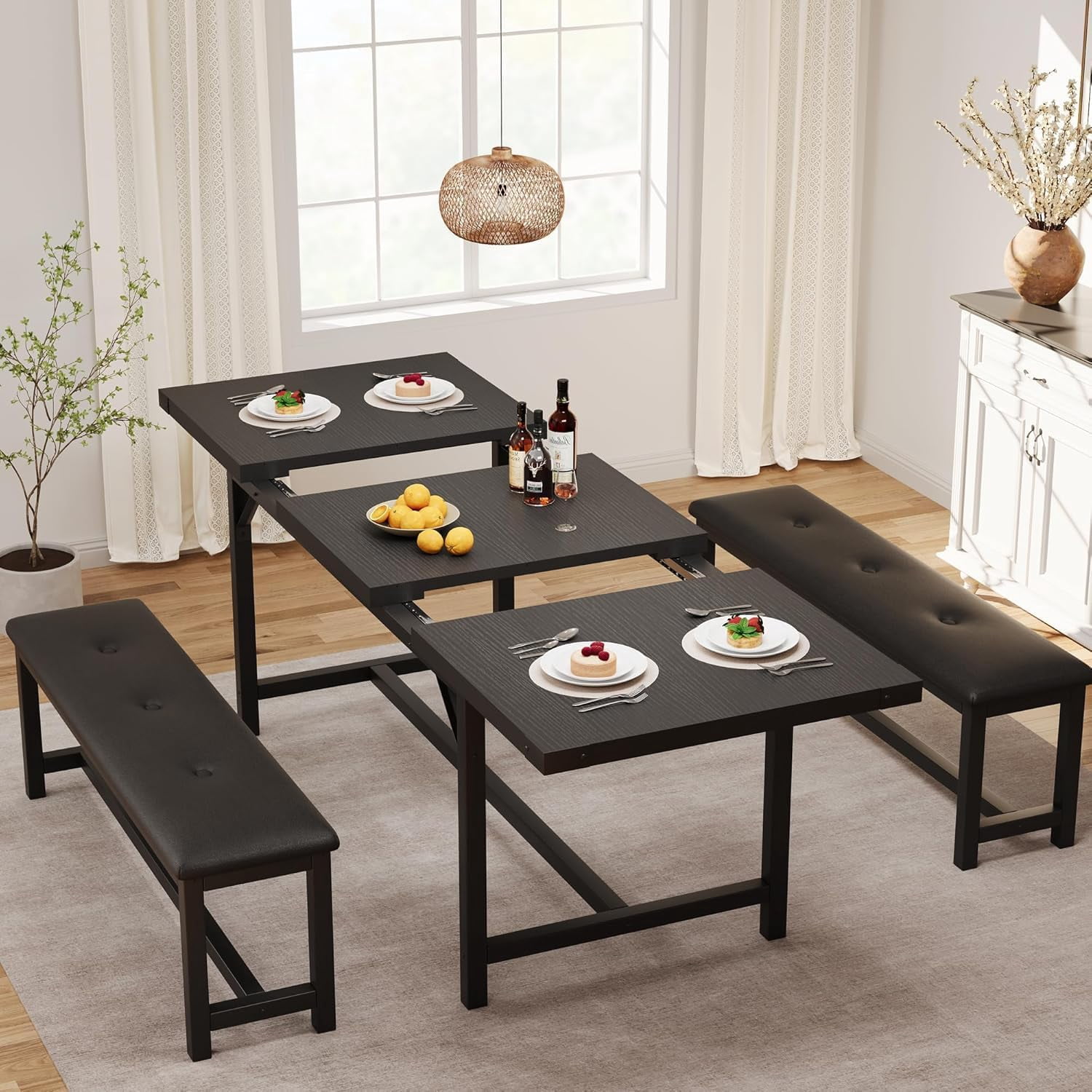 Extendable Dining Table for 4-6 Person,Wooden Dining Room Table,Modern 63" Extendable Table with 2 Upholstered Benches for Gatherings,Meeting for Small Kitchens Dining Office Areas