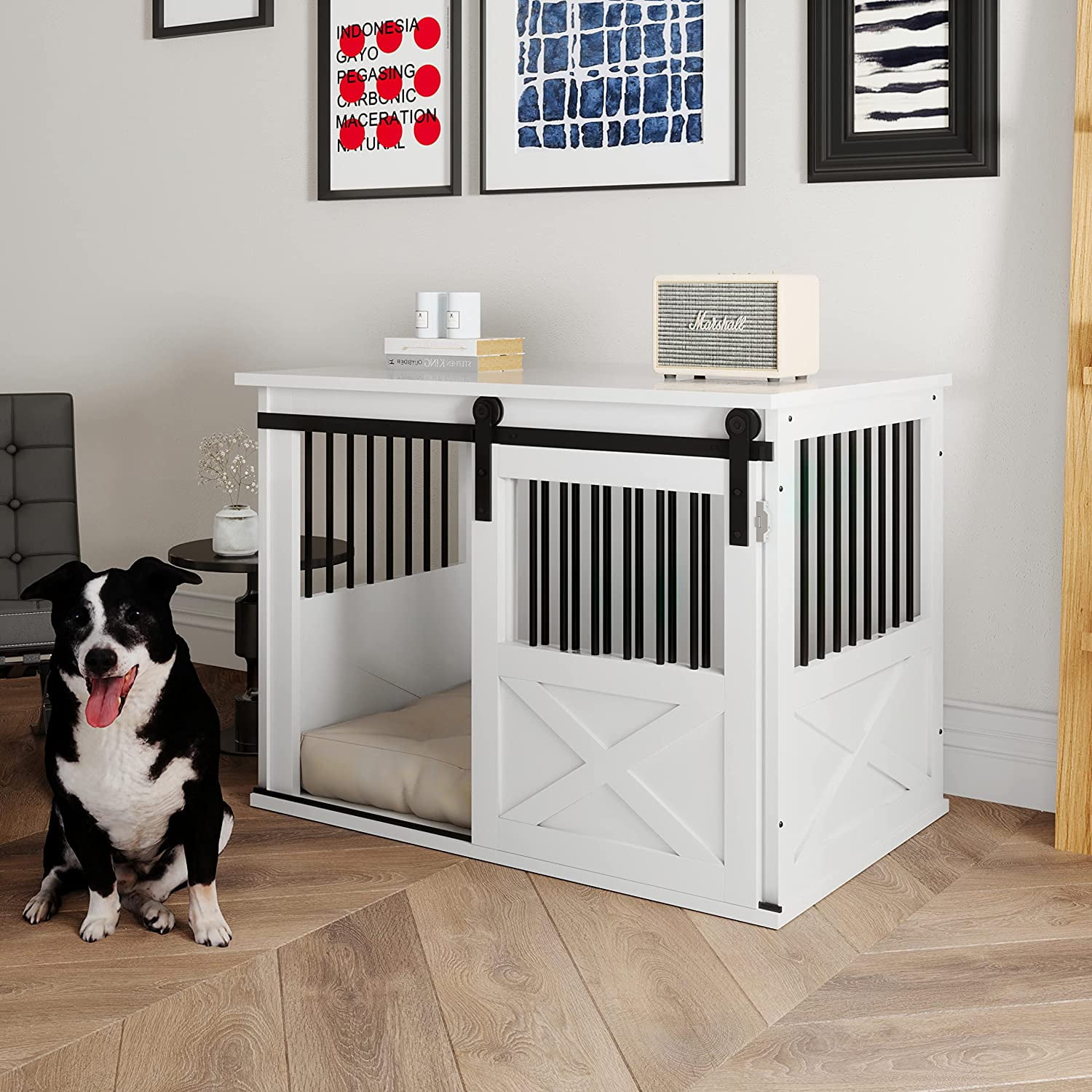 TENONER Dog Crate Furniture with Sliding Door, Wooden Dog Kennel