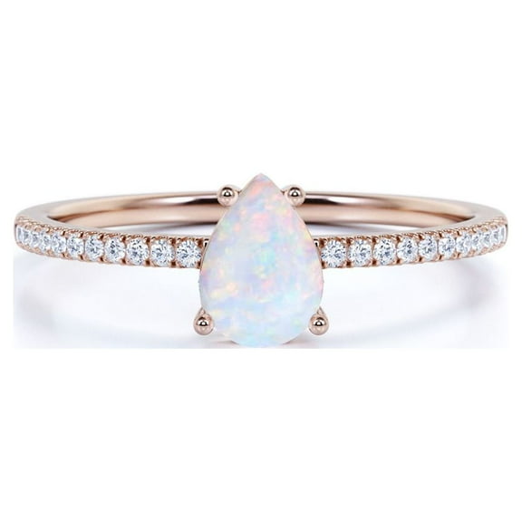 JeenMata 0.75 ct Pear Shaped Blue Opal and Moissanite Dainty Promise Ring in 18K Rose Gold over Silver