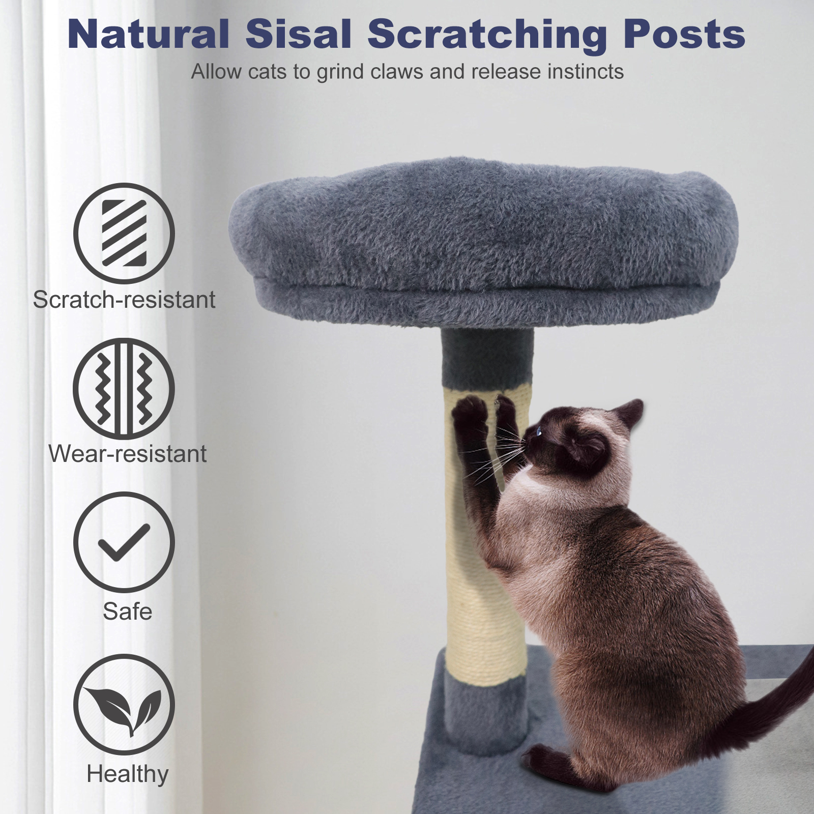 Gymax 48'' Tall Cat Tree w/ Large Condo Padded Top Perch Jute Scratching Post Tunnel Dark Grey