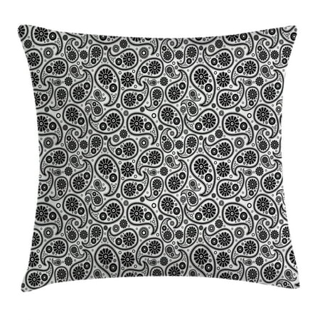 Paisley Decor Throw Pillow Cushion Cover, 70s 60s Theme Design with Floral Geometrical Details Circle Backgrounded, Decorative Square Accent Pillow Case, 18 X 18 Inches, Black and White, by Ambesonne