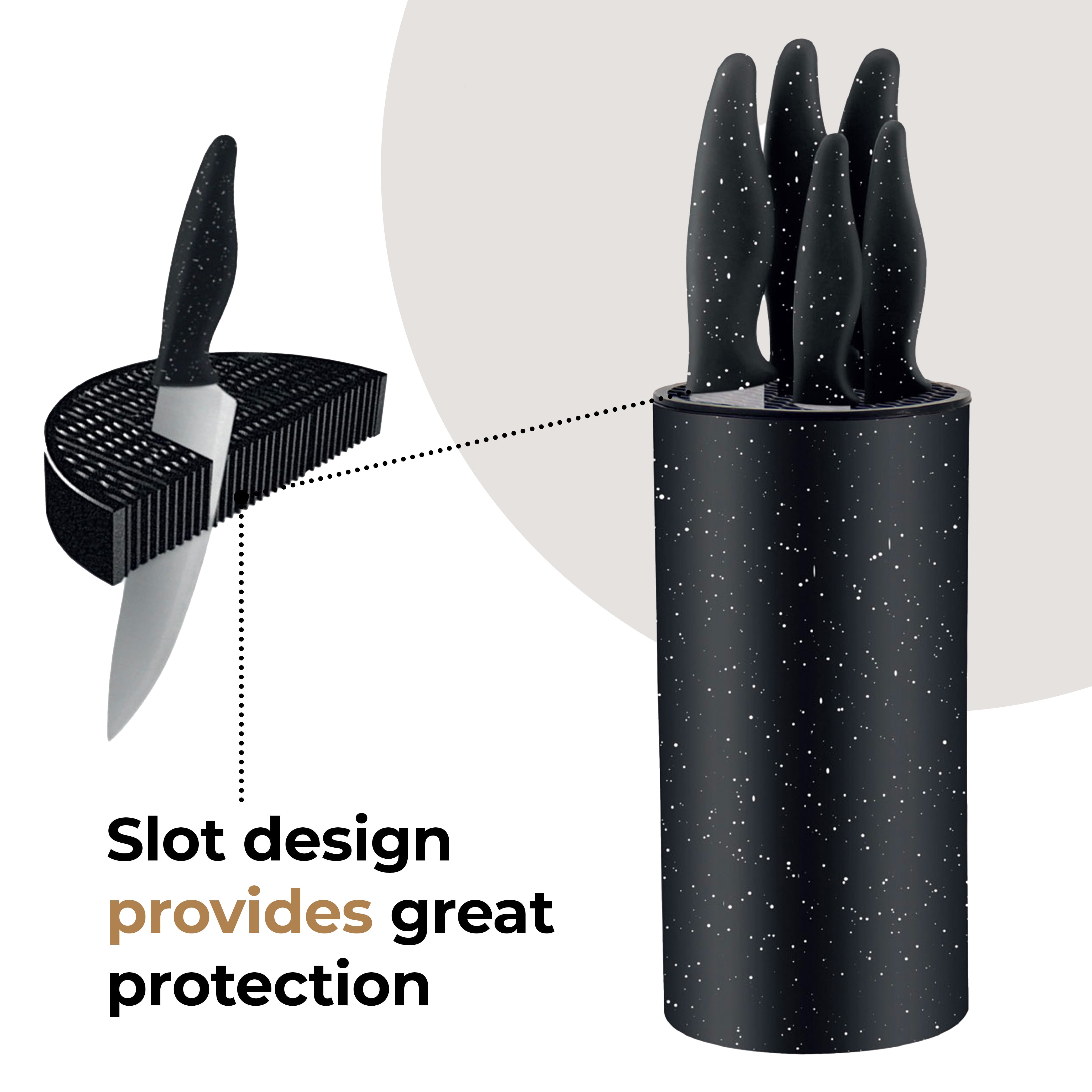 JS Gourmet - Knife Set with Universal Storage Block, Stainless Steel Blade, Black