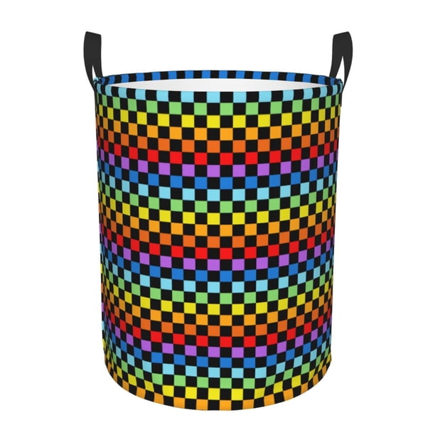 Balery Rainbow Chequerboard Cesta de ropa redonda con asas, impermeable, independiente, para ropa, juguetes, dormitorio y familia-Medium