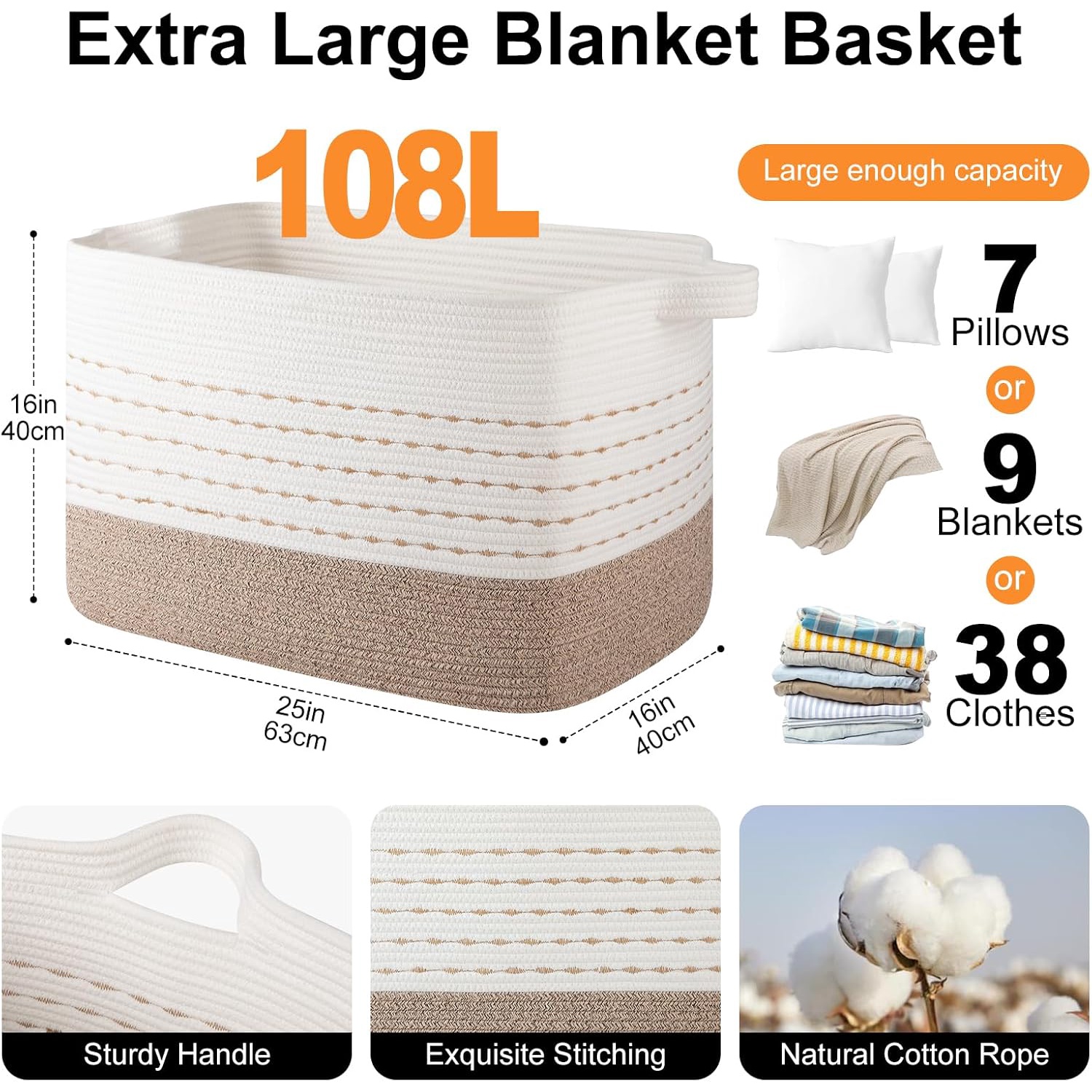 108L Extra Large Blanket Basket, 25”x16”x16” Rectangle Woven Cotton Rope Baskets for for Living Room, Toy Storage with Handle- Gradient Light Brown