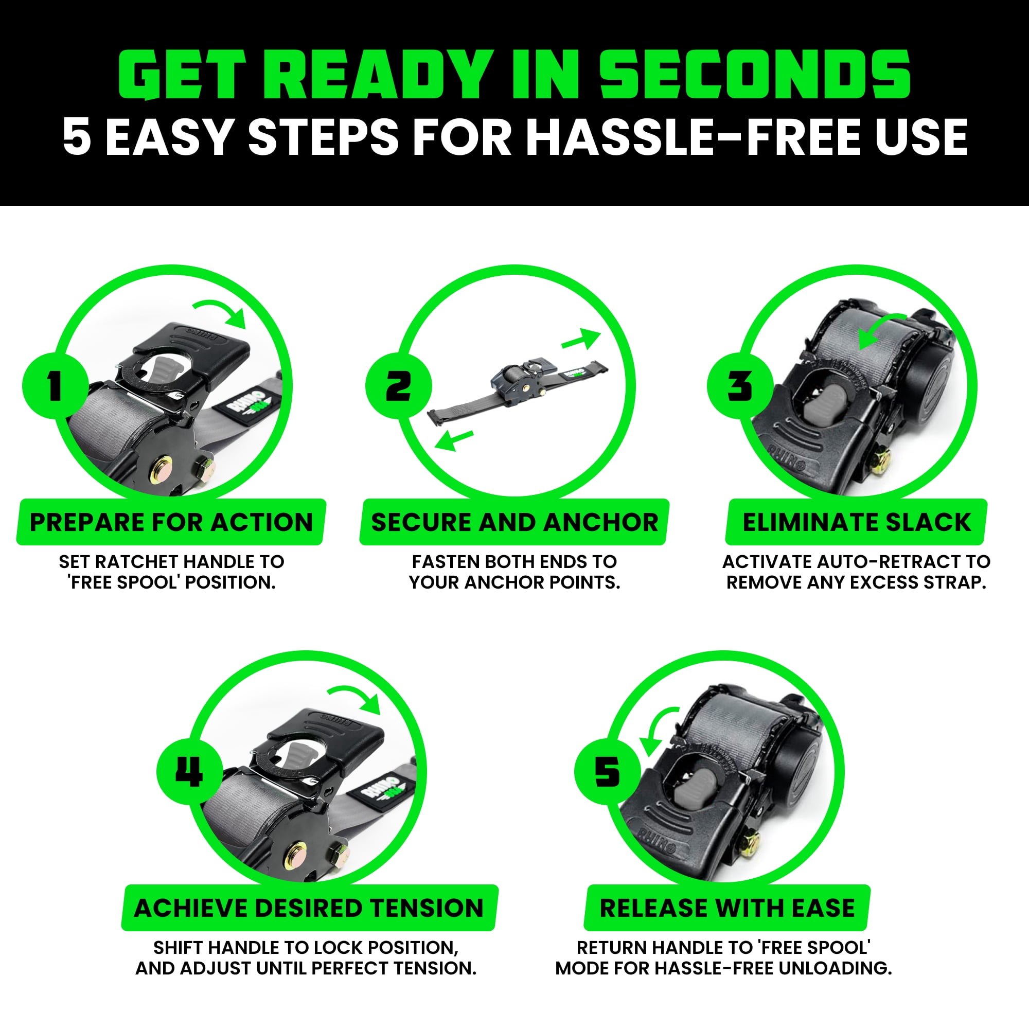 Rhino USA 2" x 10' E Track Retractable Ratchet Tie Down Straps - 3033lb Break Strength (Gray 2 Pack)