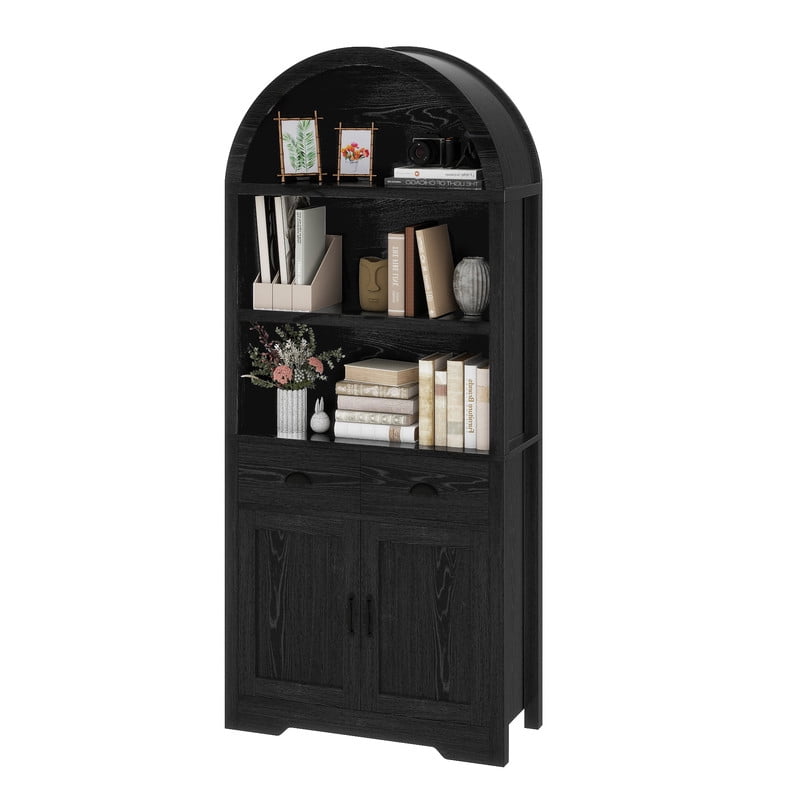 Uforic 71 " Tall Bookshelf with Storage, Wooden Arched Bookcase with 2 Drawers and Shelves for Living Room, Black