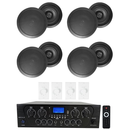Rockville 4-Room Home Audio Kit Stereo+Black 6.5" Ceiling Speakers+Wall Controls
