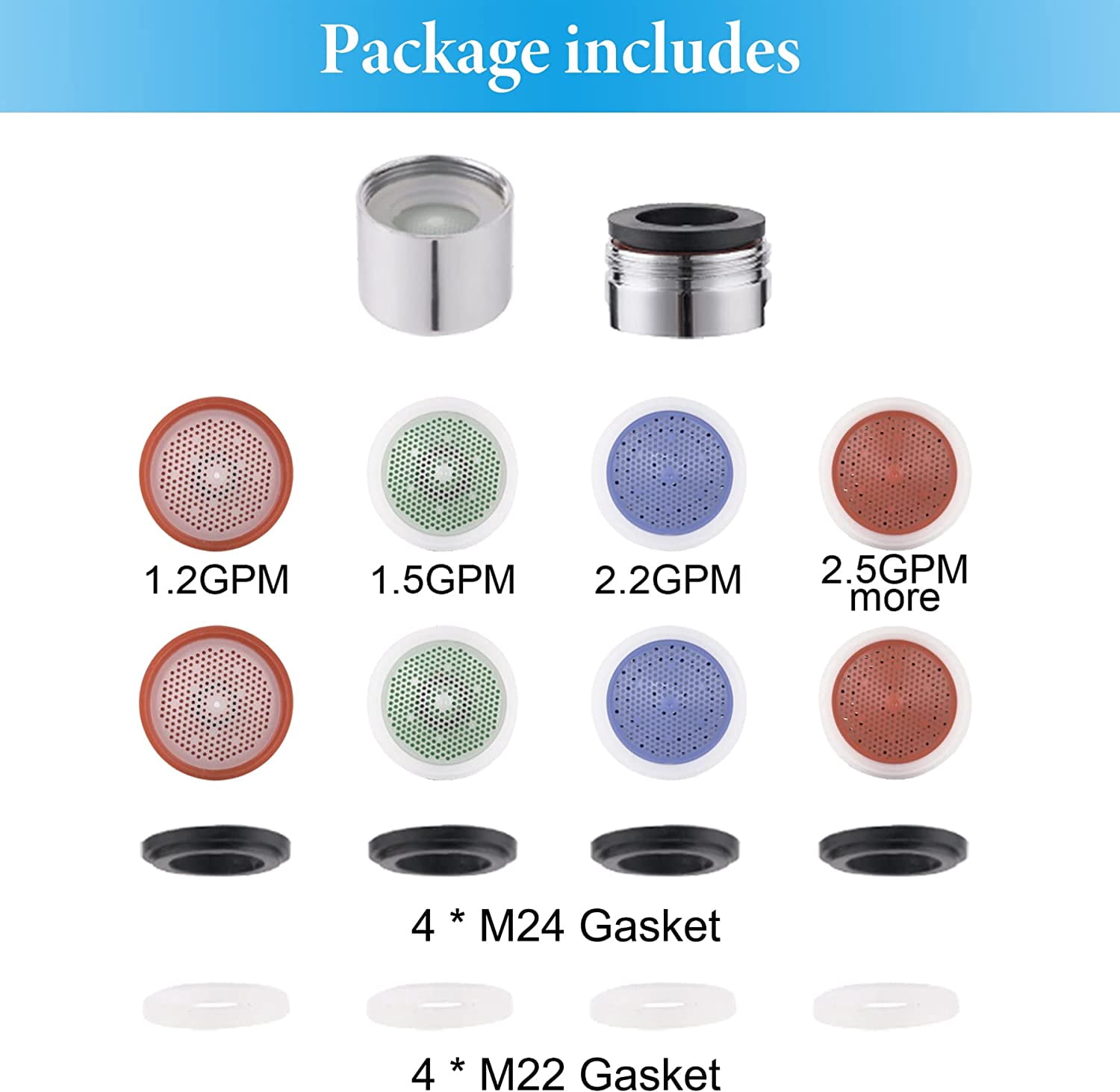 8 Pack Faucet Aerator, Kitchen Sink Faucet Aerator Adapter with Stainless Steel Shell, Male and Female Thread Water Conserve Filter with Gasket for Bathroom, Chrome