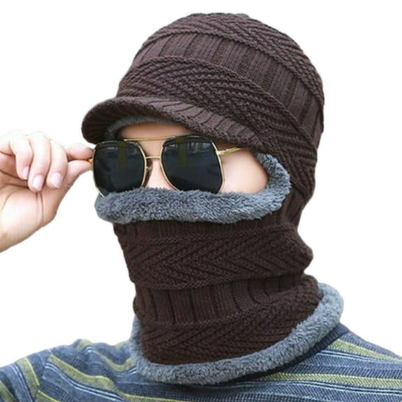 HUANLEDASH Men Winter Hat Sunshade Thermal Knitted Elastic Short Brim Full Protection Anti-slip Unisex Outdoor Camping Skiing Balaclava Cap Hat Scarf Integrated Headgear