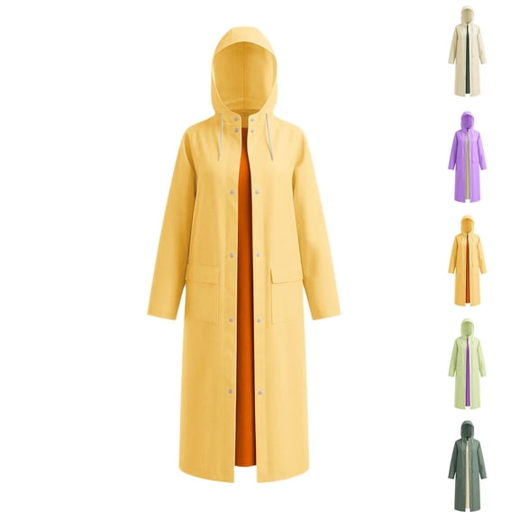 Women’s Long Thickened Raincoat Hooded Contrast Color Full Length Waterproof Rain Jacket Loose Fit Wind Resistant Outer Wear for Commuting and Outdoor Activities Purple
