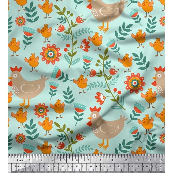 Soimoi Silk Fabric Leaves,Cock & Chick Cartoon Print Fabric by Yard 42 Inch Wide