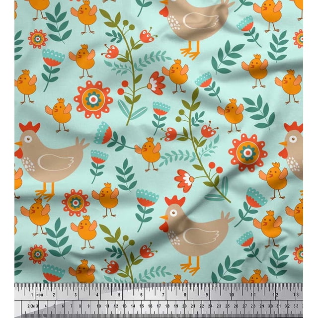 Soimoi Moss Georgette Fabric Leaves,Cock & Chick Cartoon Print Fabric by Yard 42 Inch Wide