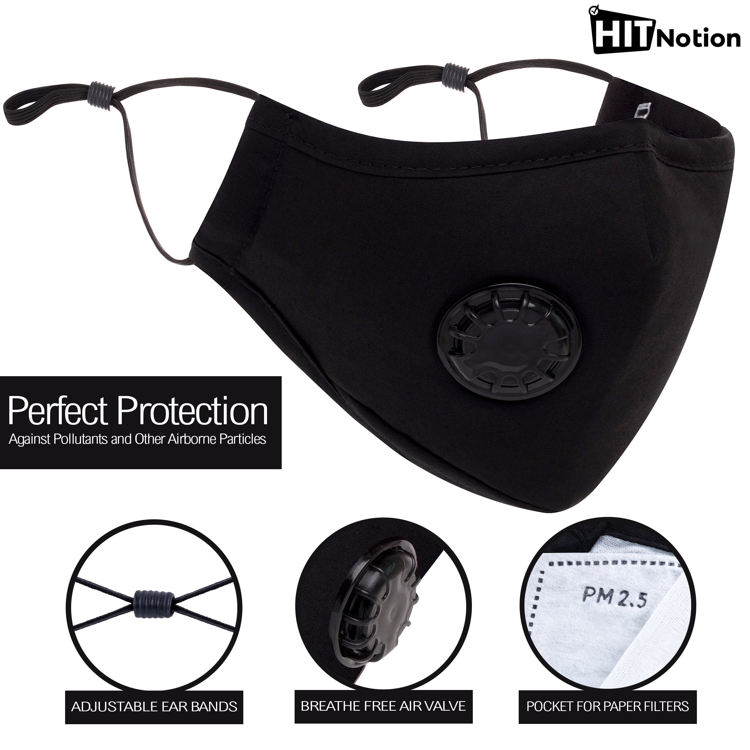 PM 2.5 Mask, Black - Reusable, Washable Cotton Face Mask - 4 Pieces with 8 Filters - Adjustable Ear Bands and Nose Bridge - Removable Air Valve Protects Against Pollutants and Other Airborne Particles