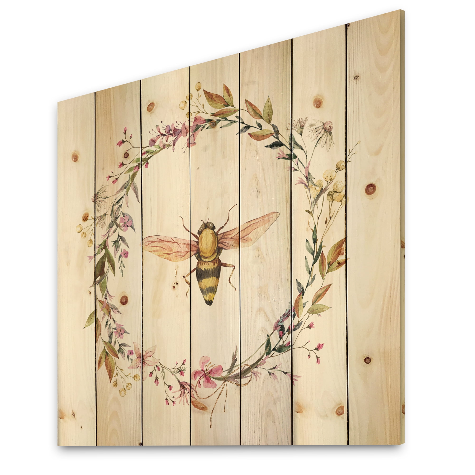Designart 'Wildflowers Wreath and A Bee' Farmhouse Print on Natural Pine Wood