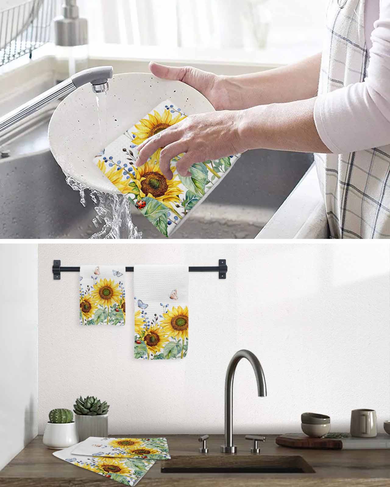 Sunflower Kitchen Dish Towels for Drying Dishes Set of 2, Yellow Floral Summer Botanical Waffle Weave Microfiber Terry Hand Tea Bathroom Towels Quick Dry & Absorbent Towel 15.7x23.6