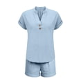 thumbnail image 4 of Women's Loose Fit 2 Piece Short Sets Short Sleeve Top with Wide Leg Bermuda Shorts Casual Beach Outfits Light Blue L, 4 of 4