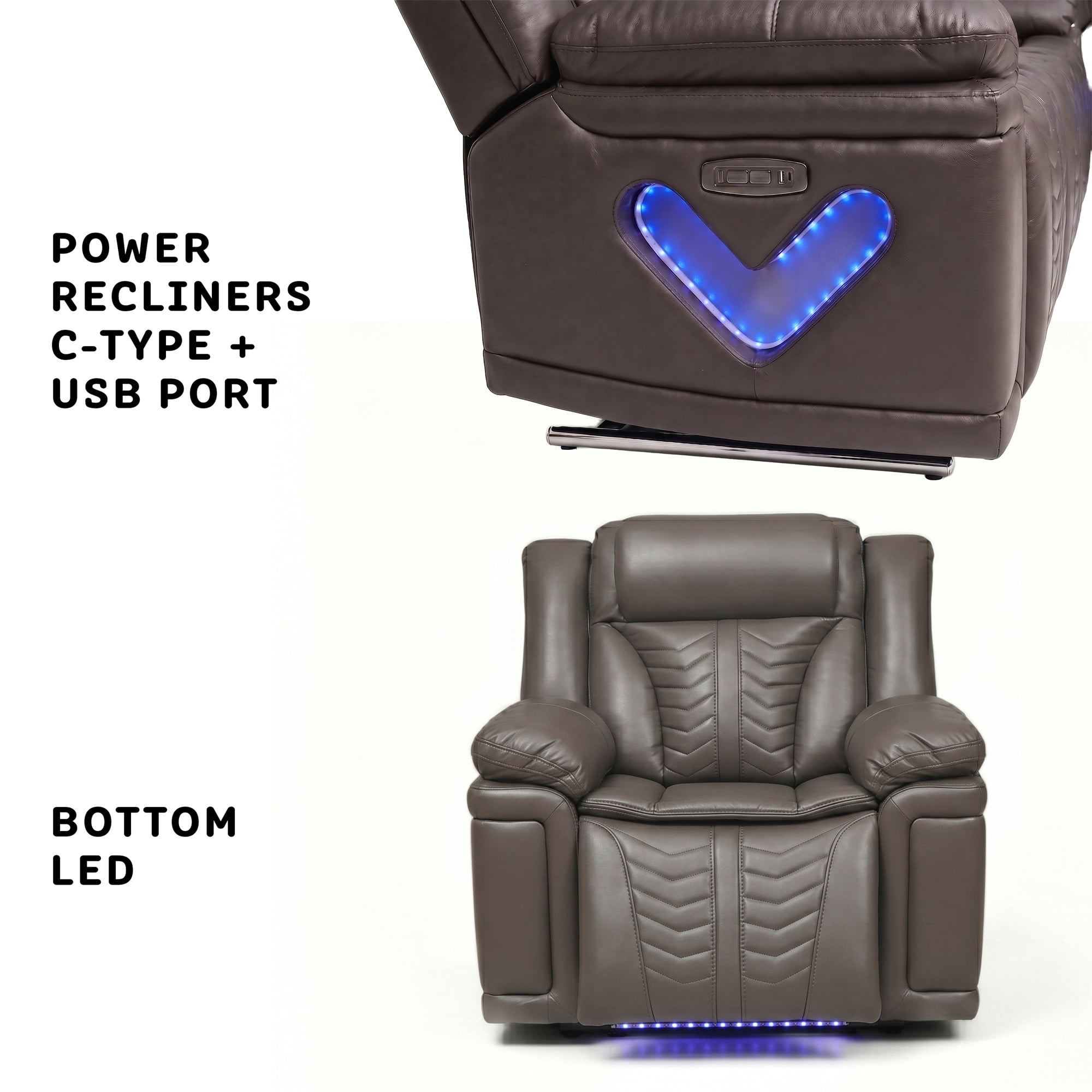 Electra Luxury Power Recliner Chair - Dark Brown Faux Leather Single Motion Armchair with Cinematic LED Lighting, USB & Type-C Charging Ports