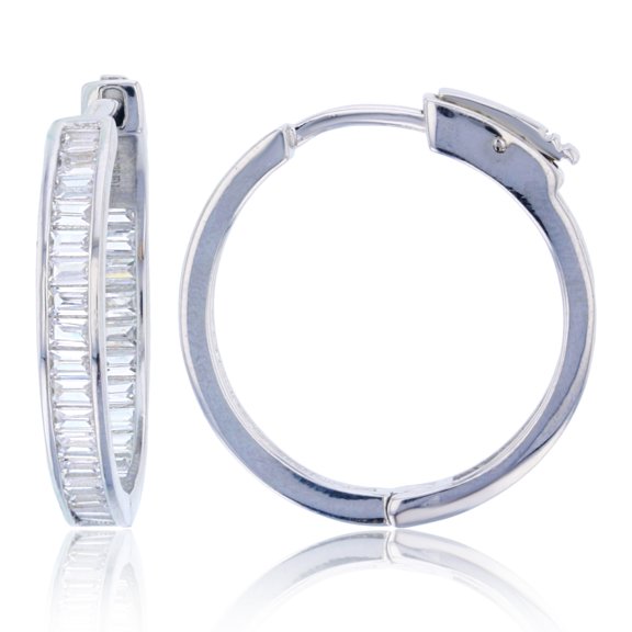 Decadence Sterling Silver Rhodium 25X3mm Baguette Cubic Zirconia Channel Safety Lock Hoop Earring