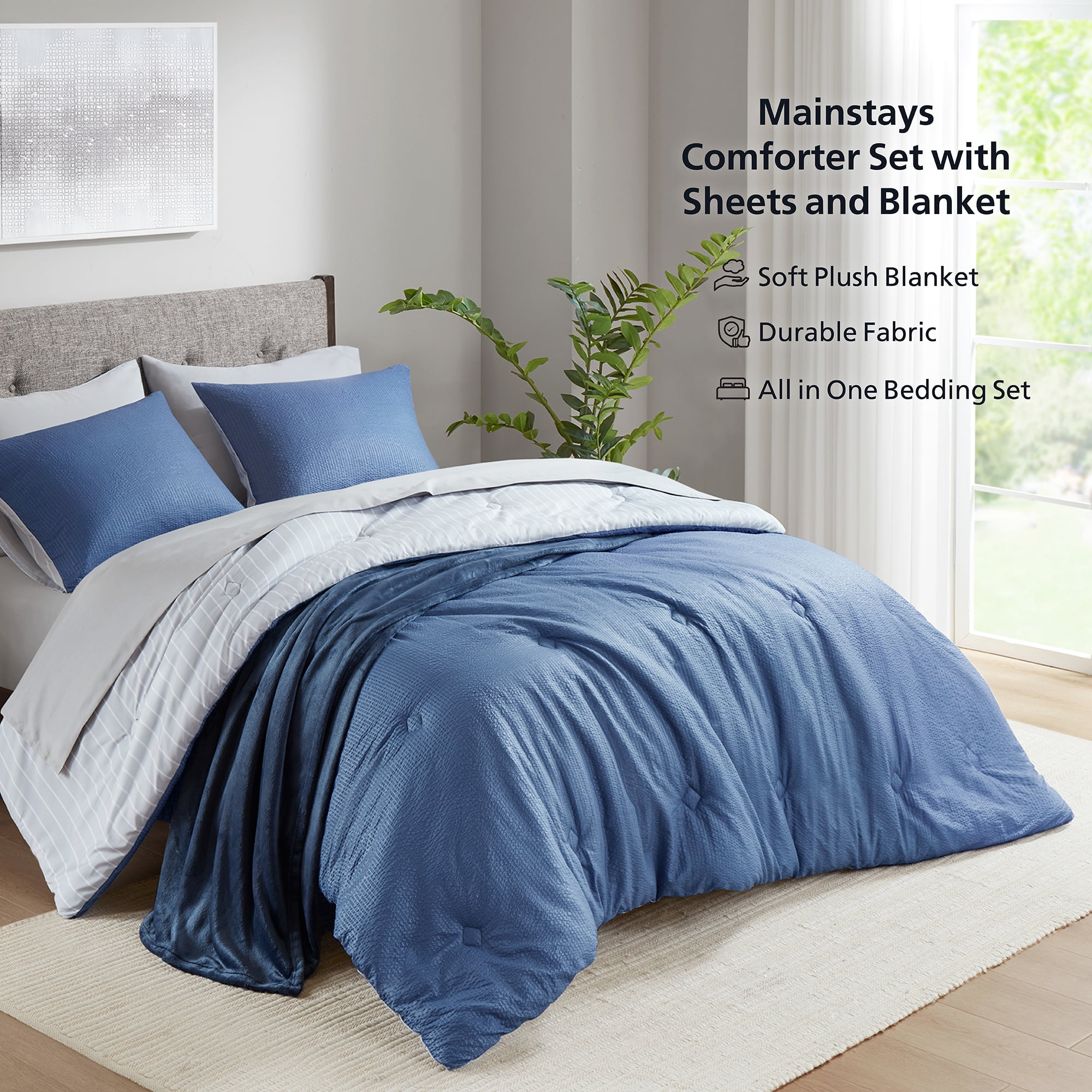 Mainstays 8-Piece Bed in a Bag Comforter Set with Sheets and Blanket, Indigo, King