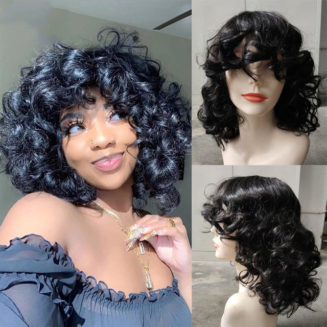 Pelucas cortas y rizadas para mujeres negras, suave, negra, grande, rizada, con flequillo, rizos afro rizados, resistente al calor, peluca sintética de aspecto natural para mujeres afroamericanas (grande rizada) JM