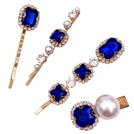 Vintage Sapphire Blue Crystal Pearl Gold Bobby Pins Decorative Hair Slides Clips Accessories Women - 4PCS