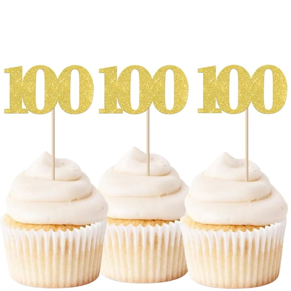 12 Pack Gold Glitter 100 Cupcake Toppers, Number 100 Picks for 100th Birthday Party Cake Decorations Supplies