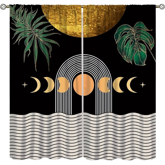 Mid Century Abstract Boho Window Curtain for Bedroom,Modern Abstract Gold Sun Leaves Minimalist Geometric Arch Window Treatment Set for Living Room Decor 42x84in