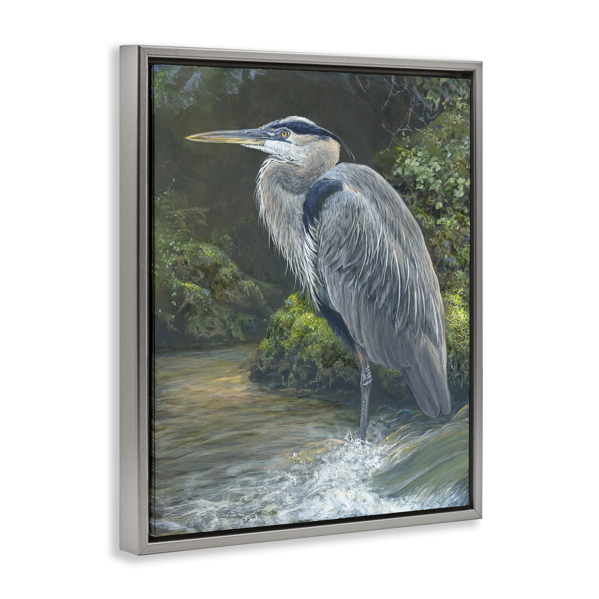 Stupell Industries Blue Heron at Water's Edge Animals Painting Gray Floater Framed Canvas Art Print Wall Art, 17 x 21